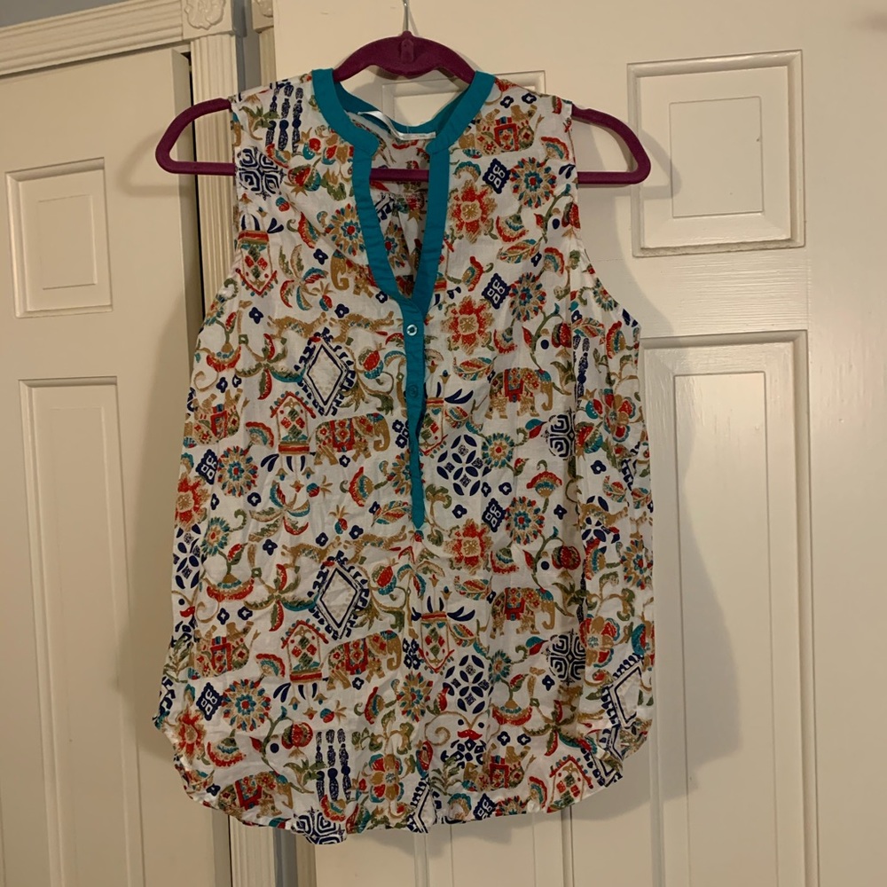 Sleeveless Mock Neck Deep V Button Down Blouse